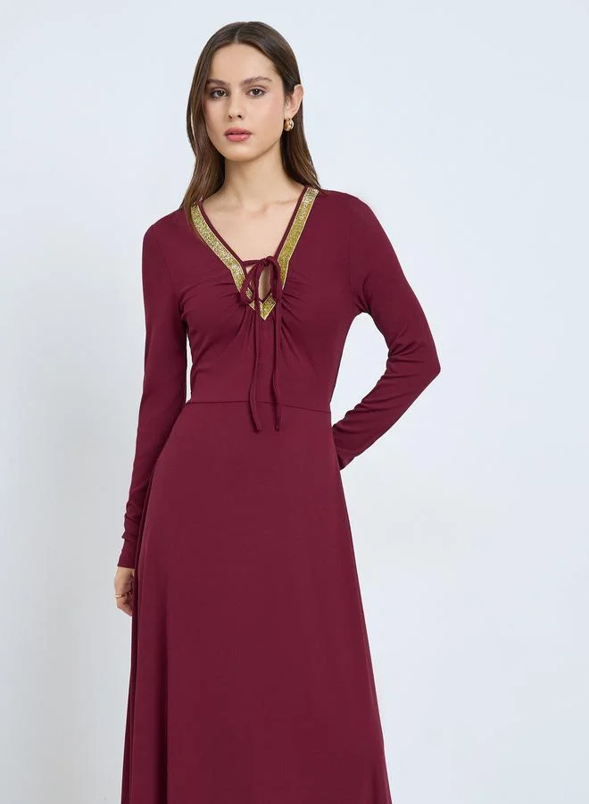 Take Two Burgundy Tie-Up Neck Ruffled Waist Maxi Dress