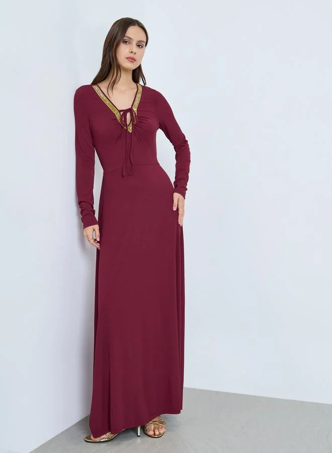 Burgundy Tie-Up Neck Ruffled Waist Maxi Dress