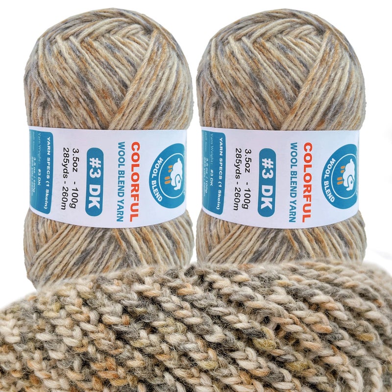 FREEASYFAR 2 Pack Wool Blend Yarn, 2x3.5oz / 285yds, #3 DK, 20% Wool 80% Acrylic, Variegated, Single-Ply Soft Crochet & Knitting Wool Yarn for Sweaters, Scarves, Hats (Smoky Mirage) - Image 1