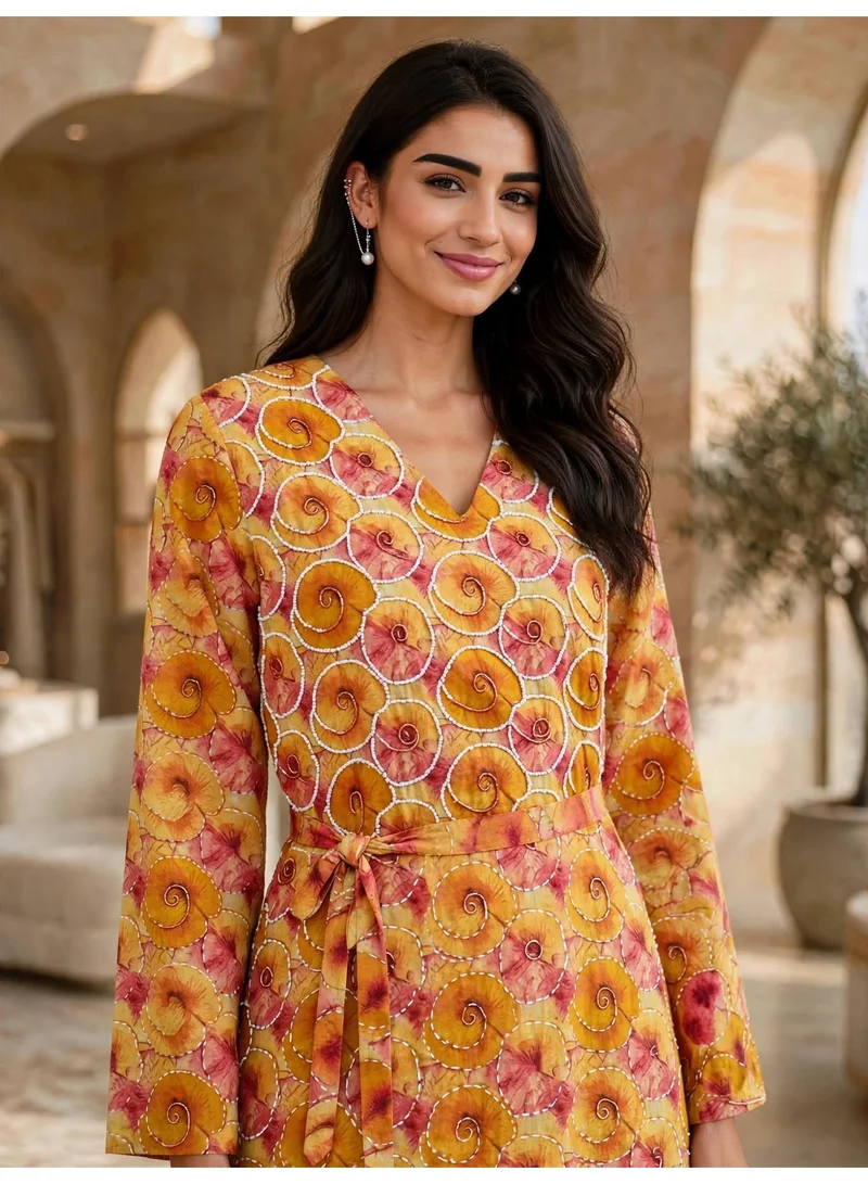 Ikkxa IKKXA Geometric Motif Belted V-Neck Jalabiya IKX122 Yellow
