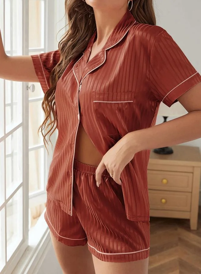 Take Two Rust Rust Striped Pattern Piping Shirt and Shorts Set for Women | Best Price UAE