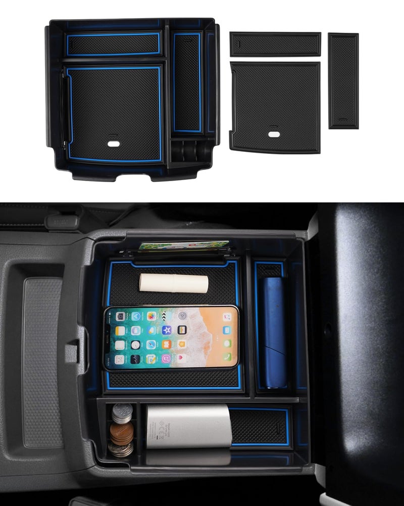 FIILINES Center Console Organizer with Anti-Slip Mats for Kia Carnival MPV 2022-2025, Console Tray Secondary Armrest Storage Box ABS Insert Container Accessories with Black Mats and Blue Mats