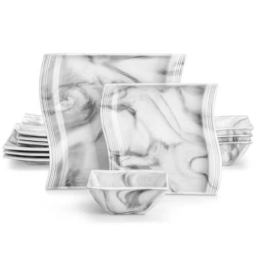MALACASA Plates and Bowls Sets 12 Pieces Modern Porcelain Dinnerware Sets for 4 Marble Dishware Set Kitchen Dining Ware Set Square Ceramic Dish Set Microwave and Dishwasher Safe Series Flora