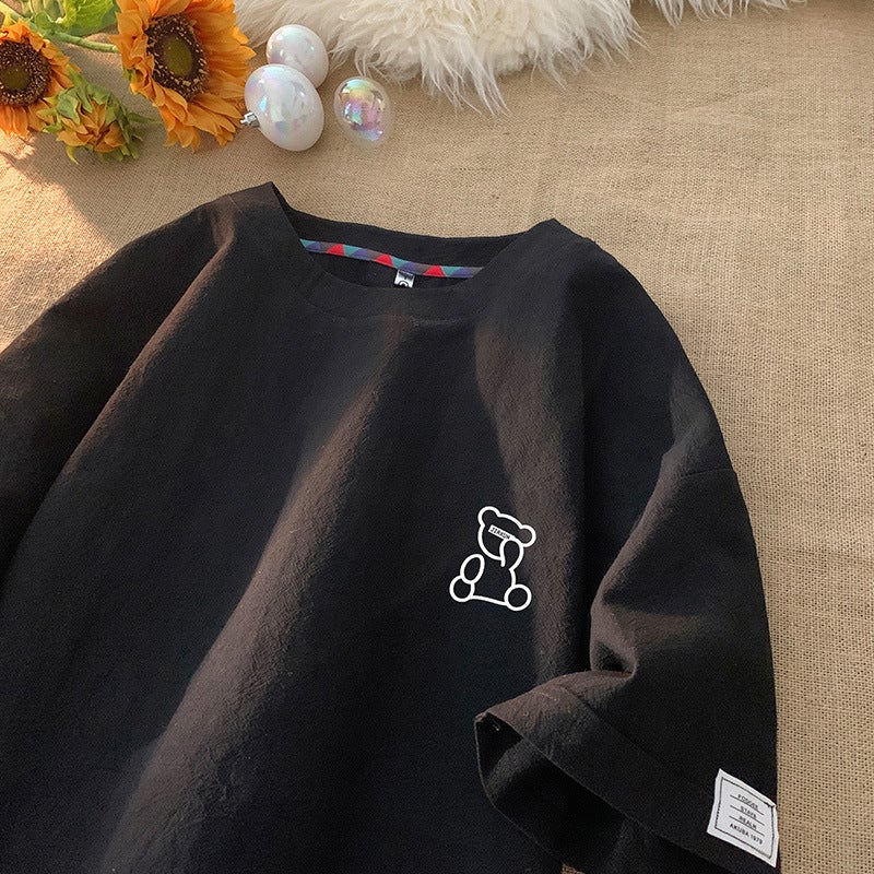 Nasa Ice Silk Linen Short-Sleeved Men'S Summer Thin Quick-Drying Bear T-Shirt Couple'S Loose Casual Chinese Style - Image 1