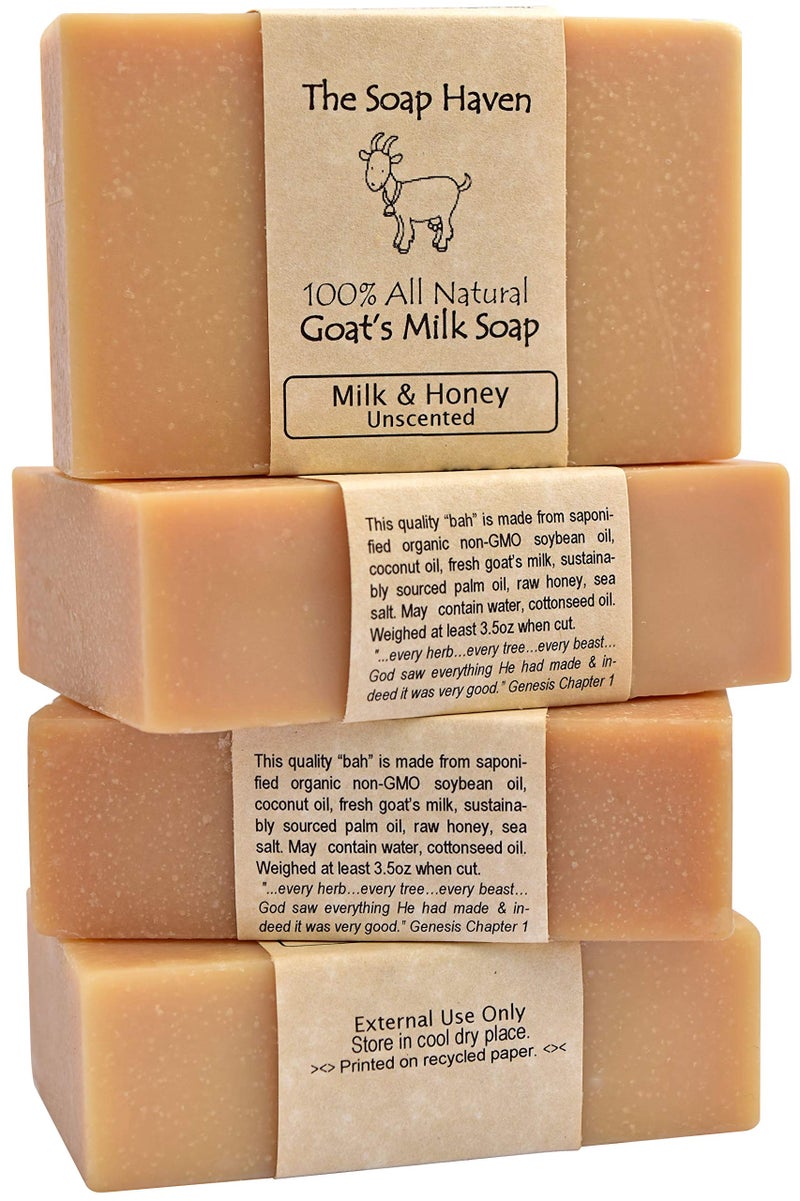 The Soap Haven 4 Goat Milk Soap Bars with Honey  Handmade in USA All Natural Soap Unscented Fragrance Free Fresh Goats Milk Wonderful for Sensitive Skin and Babies SLS Paraben GMOFree