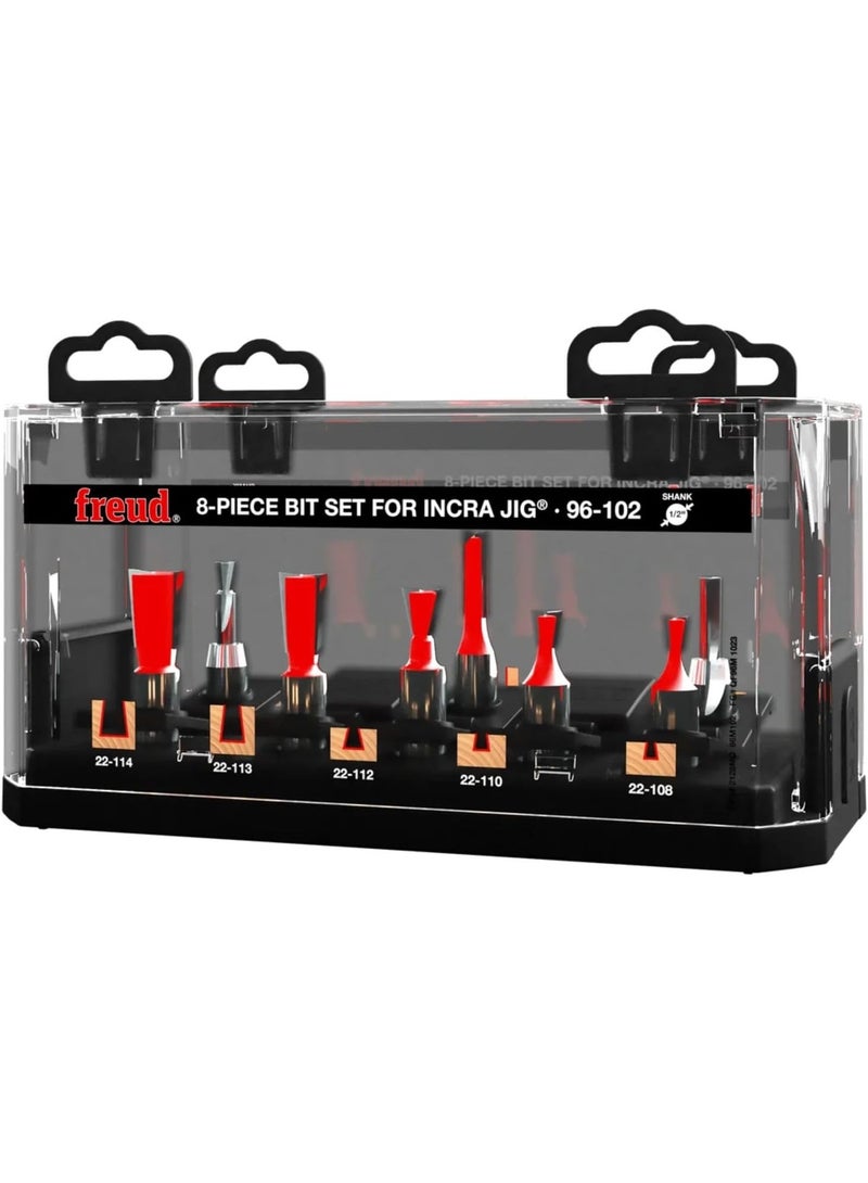 freud Freud 8 Piece Bit Set for Incra Jig - Ideal for Routing Dovetail and Box Joints - 1/2" Shank, Includes 2 Straight & 6 Dovetail Bits - 96-102 