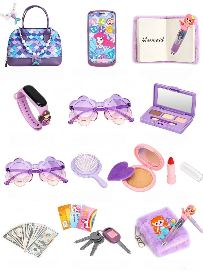 Prime Choice Kids Play Purse Set for Girls, 31 Pcs PU/ABS/EVA Princess Handbag with Toy Phone Wristwatch Car Keys Sunglasses and Pretend Makeup, Non-Toxic Portable Dress Up and Role Play Gift for Children 3+ Years Birthday Eid (Purple) - Image 2