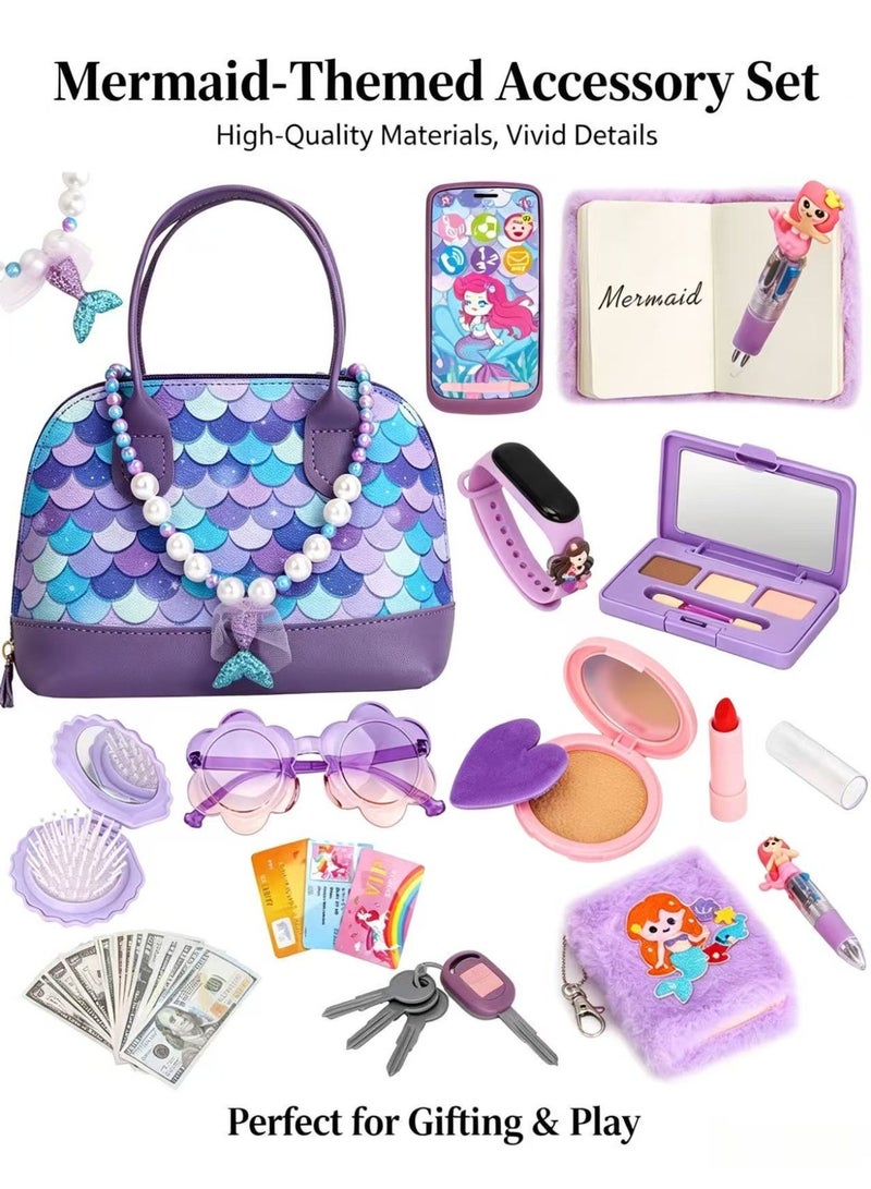 Prime Choice Kids Play Purse Set for Girls, 31 Pcs PU/ABS/EVA Princess Handbag with Toy Phone Wristwatch Car Keys Sunglasses and Pretend Makeup, Non-Toxic Portable Dress Up and Role Play Gift for Children 3+ Years Birthday Eid (Purple) - Image 4