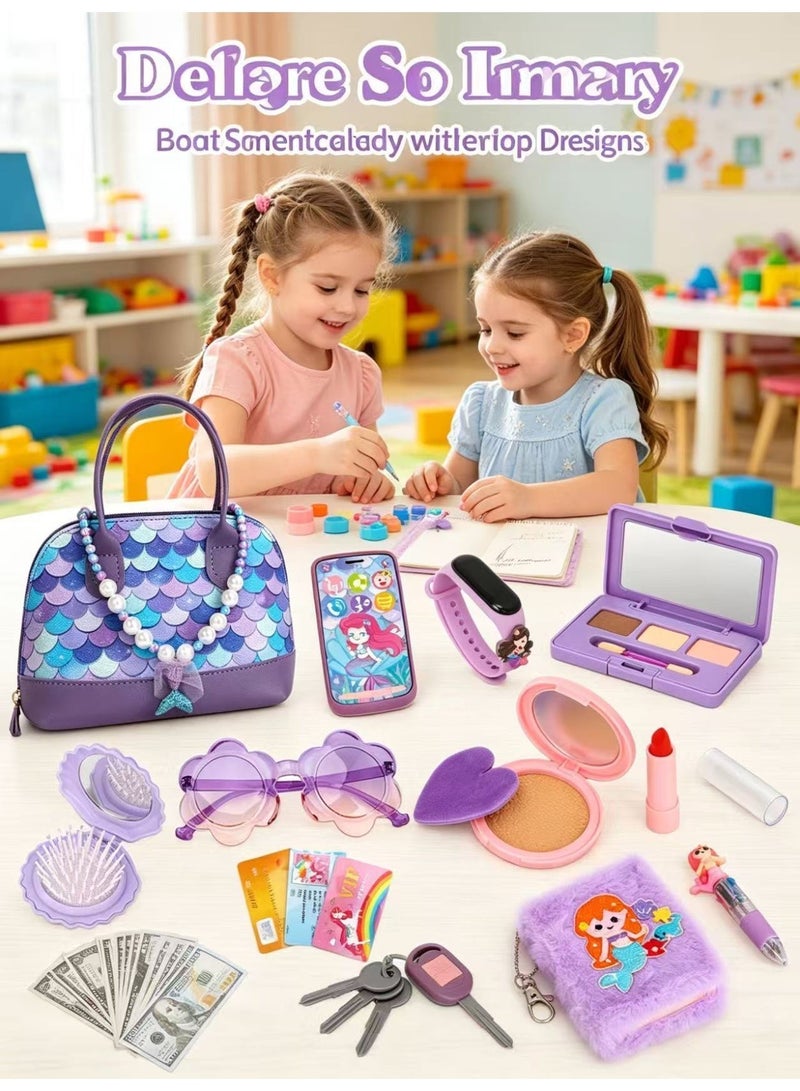 Prime Choice Kids Play Purse Set for Girls, 31 Pcs PU/ABS/EVA Princess Handbag with Toy Phone Wristwatch Car Keys Sunglasses and Pretend Makeup, Non-Toxic Portable Dress Up and Role Play Gift for Children 3+ Years Birthday Eid (Purple) - Image 5