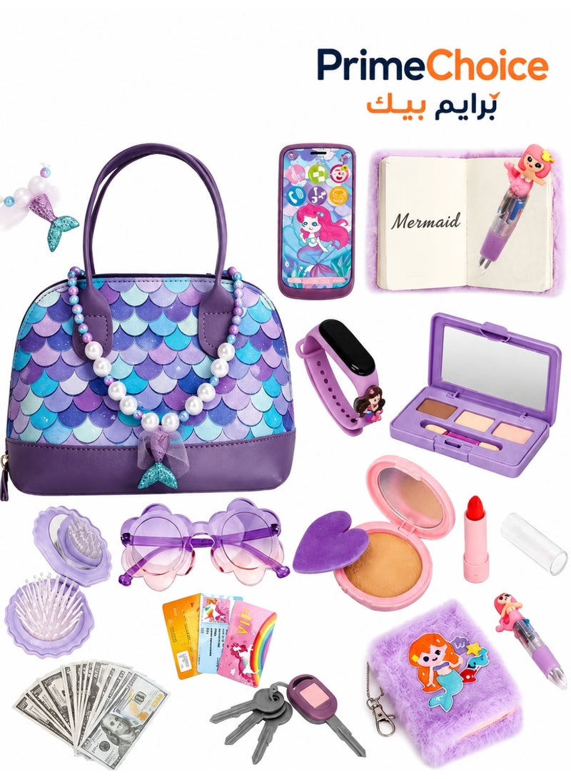 Prime Choice Kids Play Purse Set for Girls, 31 Pcs PU/ABS/EVA Princess Handbag with Toy Phone Wristwatch Car Keys Sunglasses and Pretend Makeup, Non-Toxic Portable Dress Up and Role Play Gift for Children 3+ Years Birthday Eid (Purple) - Image 1