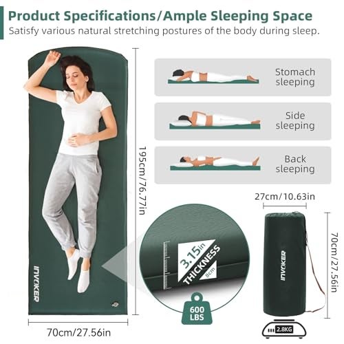 INVOKER 3.15" Self Inflating Camping Sleeping Pad, Ultra-Thick Elasticity Foam Fast Inflating 4-Season Insulated Durable Camping Mat Air Mattress with Pillow, for Tent, Car, Camping, Traveling, Green - Image 5