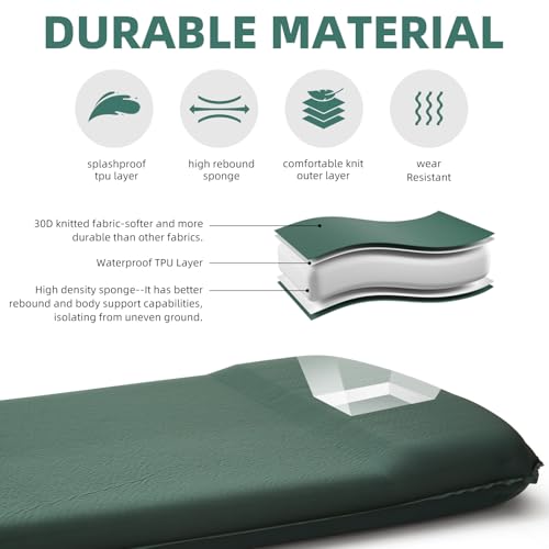 INVOKER 3.15" Self Inflating Camping Sleeping Pad, Ultra-Thick Elasticity Foam Fast Inflating 4-Season Insulated Durable Camping Mat Air Mattress with Pillow, for Tent, Car, Camping, Traveling, Green - Image 4