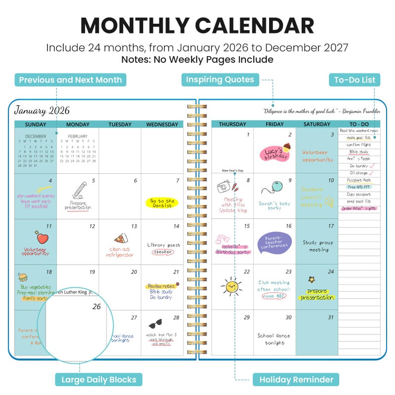 Taja Monthly Planner 2026-2027, 2 Year Months Calendar Planner 2026-2027, Runs from January 2026 - Decembe 2027, 7" x 10", 24 Months, Perfect for School Office Home Planning - Azure Blue - Image 2