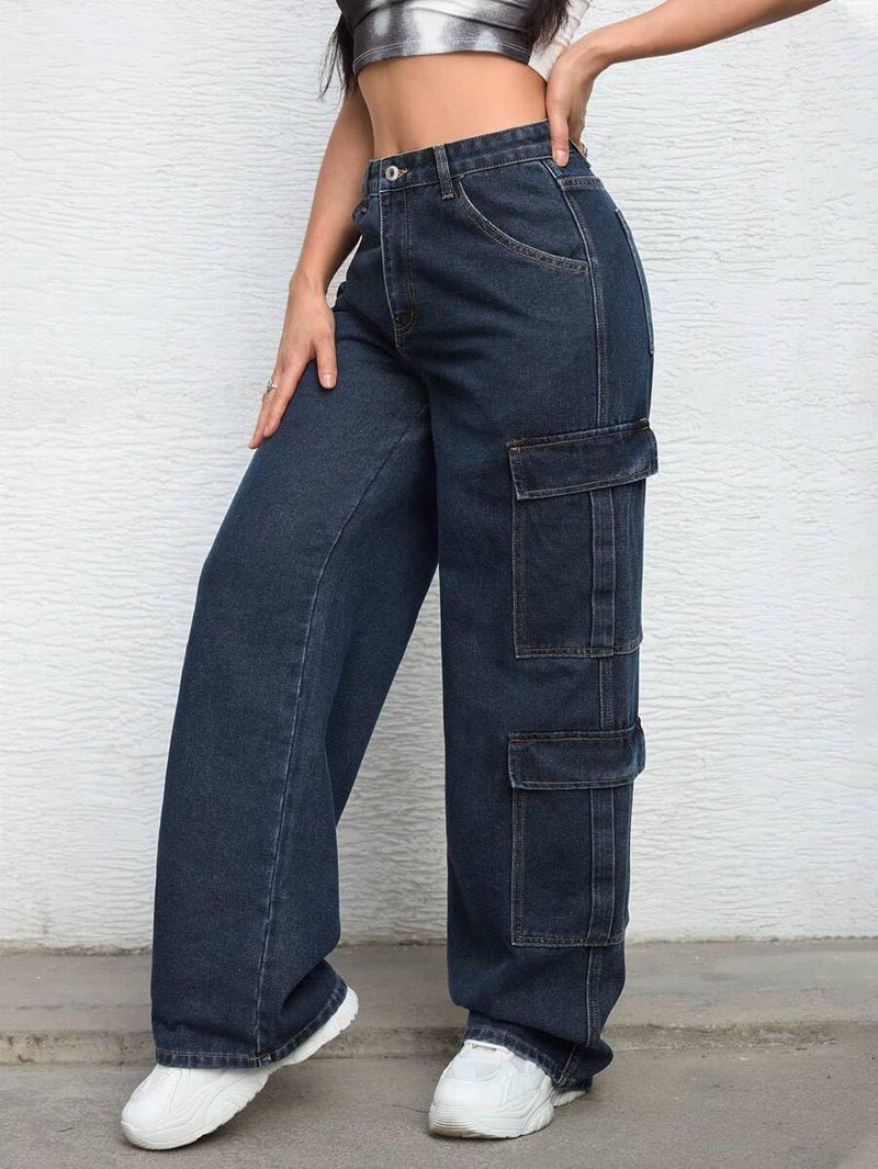 CaniBtr Cargo Jeans for Women Wide Leg High Waisted Stretchy Multi Pockets Baggy Denim Cargo Pants DarkBlue XL - Image 3