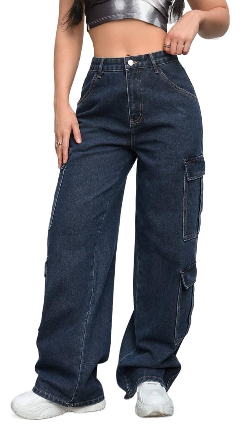 CaniBtr Cargo Jeans for Women Wide Leg High Waisted Stretchy Multi Pockets Baggy Denim Cargo Pants DarkBlue XL - Image 1