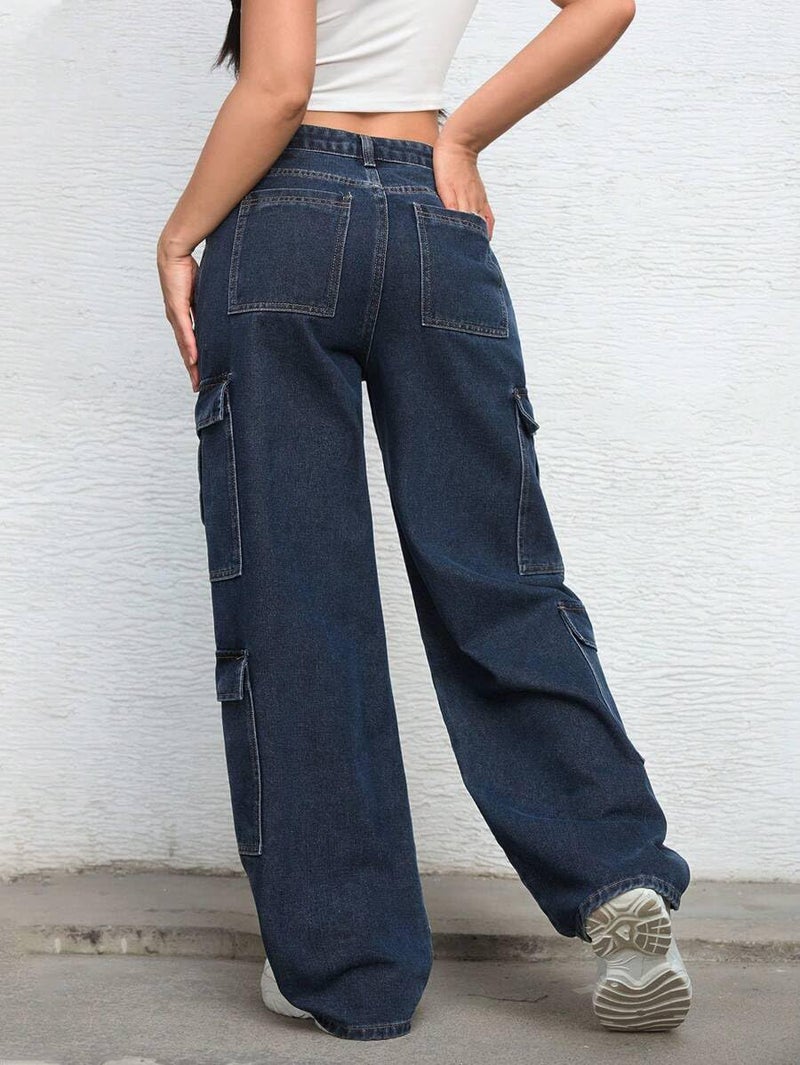 CaniBtr Cargo Jeans for Women Wide Leg High Waisted Stretchy Multi Pockets Baggy Denim Cargo Pants DarkBlue XL - Image 2
