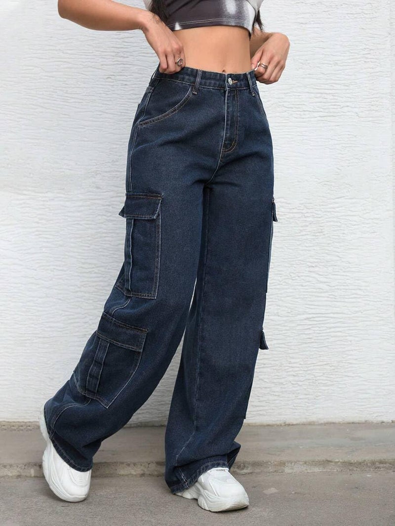 CaniBtr Cargo Jeans for Women Wide Leg High Waisted Stretchy Multi Pockets Baggy Denim Cargo Pants DarkBlue XL - Image 5
