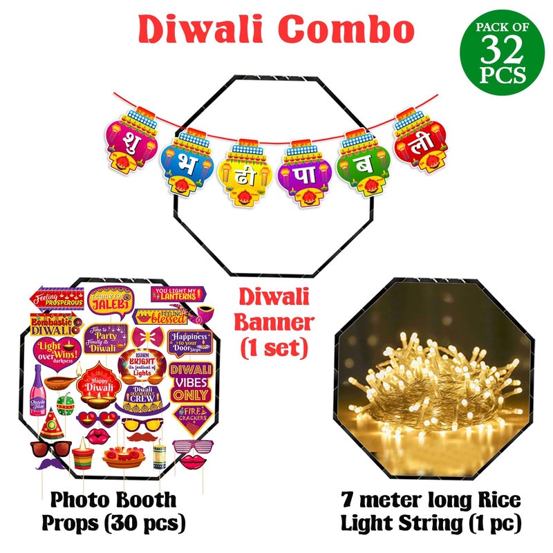 Zyozique Shubh Deepawali Paper Banner With Photo Booth Props & Rice Light | Diwali Decorations Kit | 32 Count - Image 2