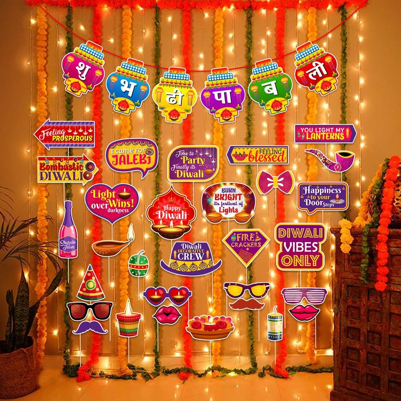 Zyozique Shubh Deepawali Paper Banner With Photo Booth Props & Rice Light | Diwali Decorations Kit | 32 Count - Image 1