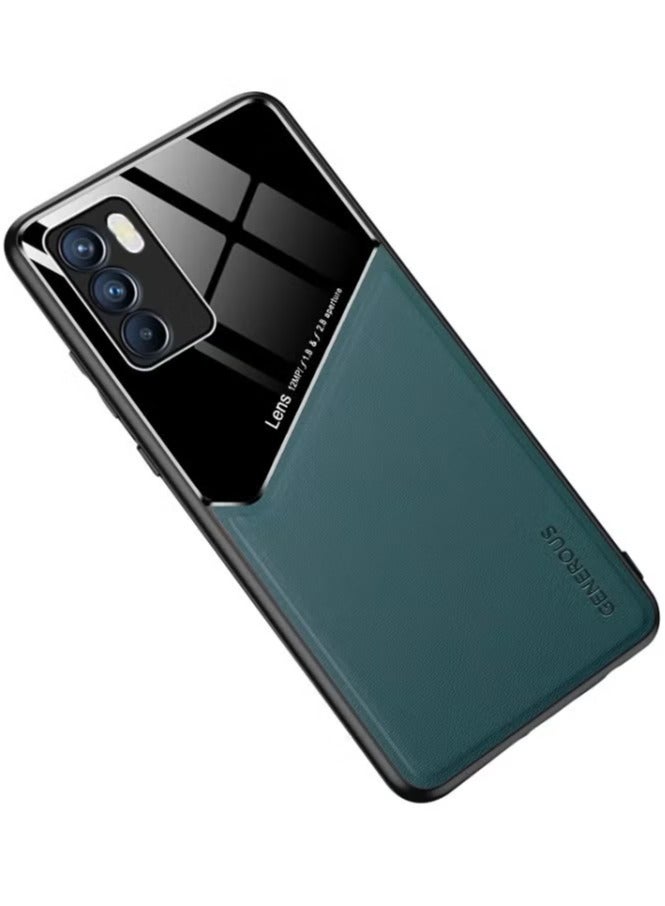 Case Compatible With Oppo Reno 6 5G Cover Luxury Leather And Glass With Car Magnetic Holder Phone Cover Soft Frame Silicone (Green) - Image 1