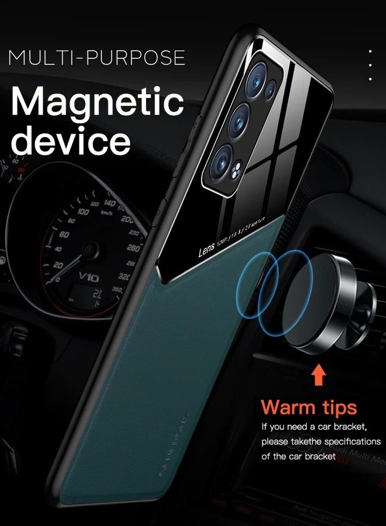 Case Compatible With Oppo Reno 6 5G Cover Luxury Leather And Glass With Car Magnetic Holder Phone Cover Soft Frame Silicone (Green) - Image 2