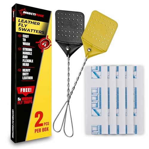 Insectifuge Leather Fly Swatter 2 Pack with 5 Window Fly Traps Heavy Duty Fly Swatter Manual Retractable Indoors Outdoors Large Swatters Multi Pack Long Handle MATA Moscas - Image 1
