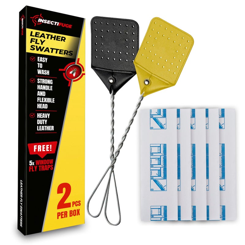 Insectifuge Leather Fly Swatter 2 Pack with 5 Window Fly Traps Heavy Duty Fly Swatter Manual Retractable Indoors Outdoors Large Swatters Multi Pack Long Handle MATA Moscas - Image 2