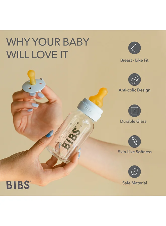 BIBS Pack Of 1 Baby Bottle Round Nipple Latex 270 Ml Medium Flow, Baby Blue, 2 Months +