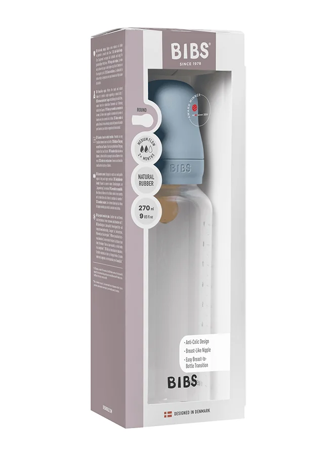 BIBS Pack Of 1 Baby Bottle Round Nipple Latex 270 Ml Medium Flow, Baby Blue, 2 Months +