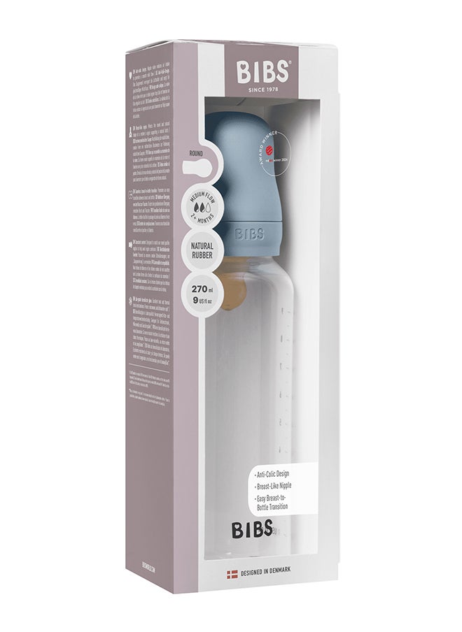 BIBS - Pack Of 1 Baby Bottle Round Nipple Latex 270 Ml Medium Flow, Baby Blue, 2 Months + - Image 1