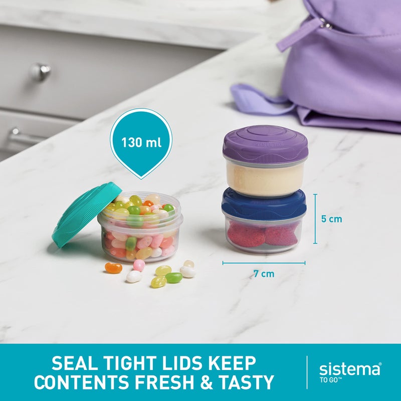 Sistema Snack Pots Mini Bites TO GO | 130 ml | Stackable Snack Boxes with Lids | BPA-Free | Teal  Purple & Blue Lids | 9 Count - Image 3
