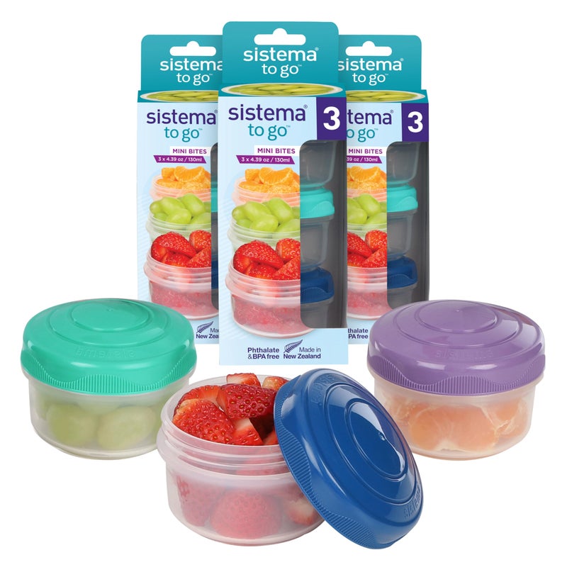 Sistema Snack Pots Mini Bites TO GO | 130 ml | Stackable Snack Boxes with Lids | BPA-Free | Teal  Purple & Blue Lids | 9 Count - Image 1