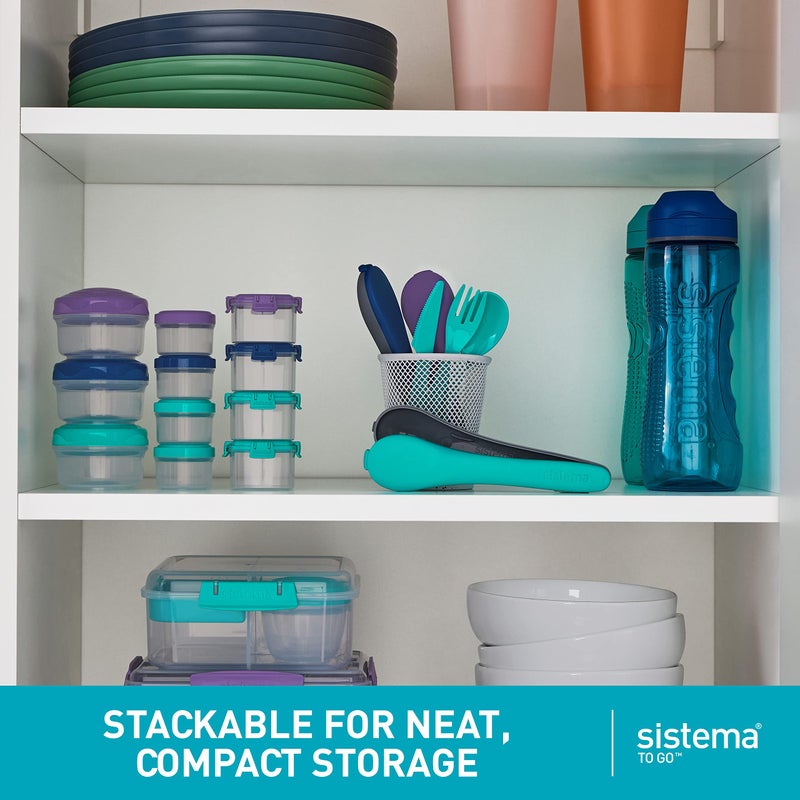 Sistema Snack Pots Mini Bites TO GO | 130 ml | Stackable Snack Boxes with Lids | BPA-Free | Teal  Purple & Blue Lids | 9 Count - Image 4
