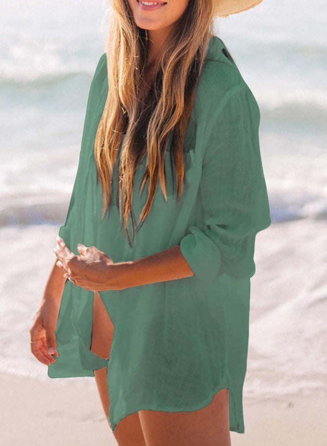 Bsubseach Long Sleeve Beach Shirt Blouses Women Turn Down Collar Bikini Bathing Suit Cover Ups Swimwear Green - Image 5