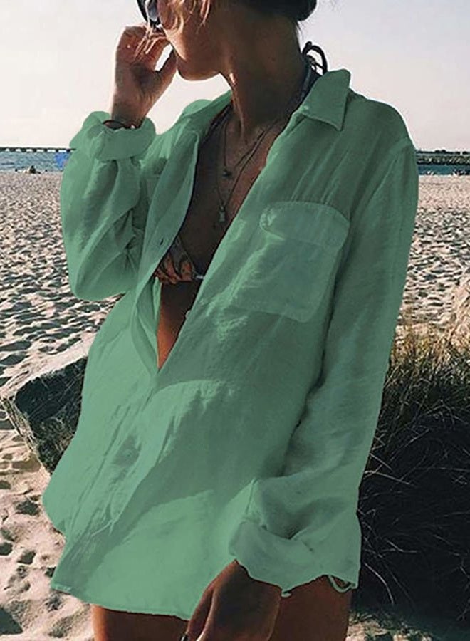 Bsubseach Long Sleeve Beach Shirt Blouses Women Turn Down Collar Bikini Bathing Suit Cover Ups Swimwear Green - Image 2