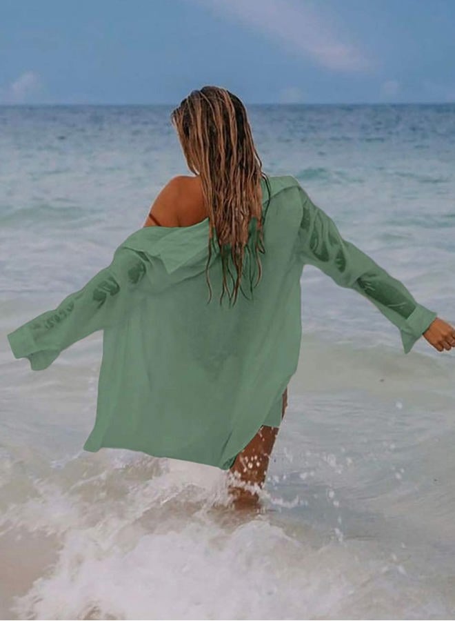 Bsubseach Long Sleeve Beach Shirt Blouses Women Turn Down Collar Bikini Bathing Suit Cover Ups Swimwear Green - Image 4