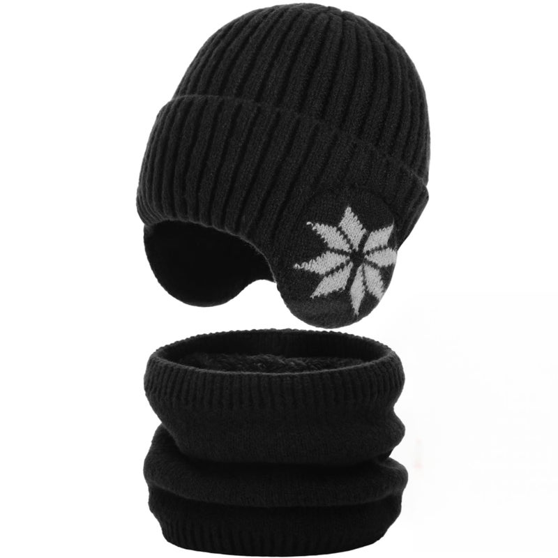 Tavaleu Mens Winter Beanie Hats Scarf Set - Winter Hats for Men, Beanie with Earflap for Men Fleece Hat Scarf Set Hat for Women Black - Image 1