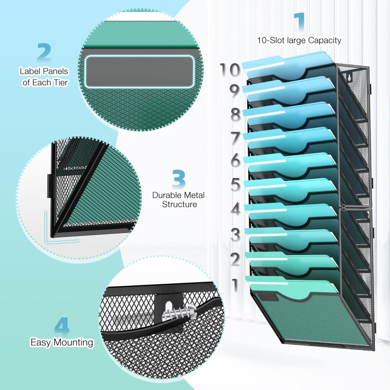 Gawerk 10-Tier Wall File Organizer Hanging Wall File Holder Wall Mount Paper Folder Organize, Mesh Magazine Document Mail Organizer Wall Organizer for Office School Home, Black - Image 3