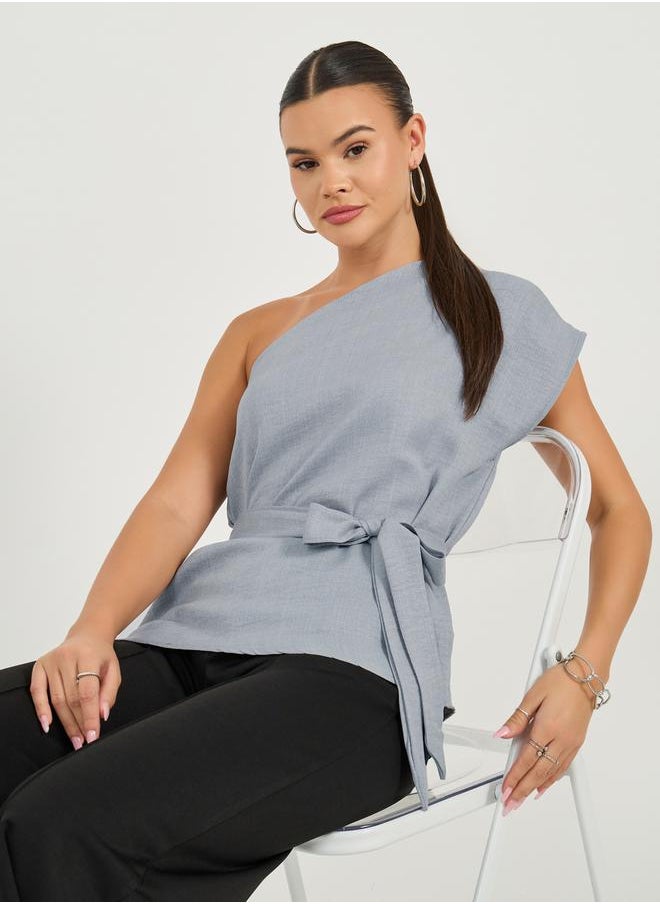 Styli Solid One Shoulder Top with Waist Belt Detail  - Image 1