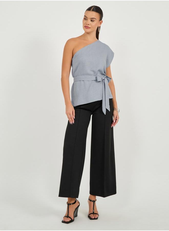 Styli Solid One Shoulder Top with Waist Belt Detail  - Image 2