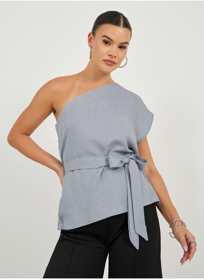 Styli Solid One Shoulder Top with Waist Belt Detail  - Image 3