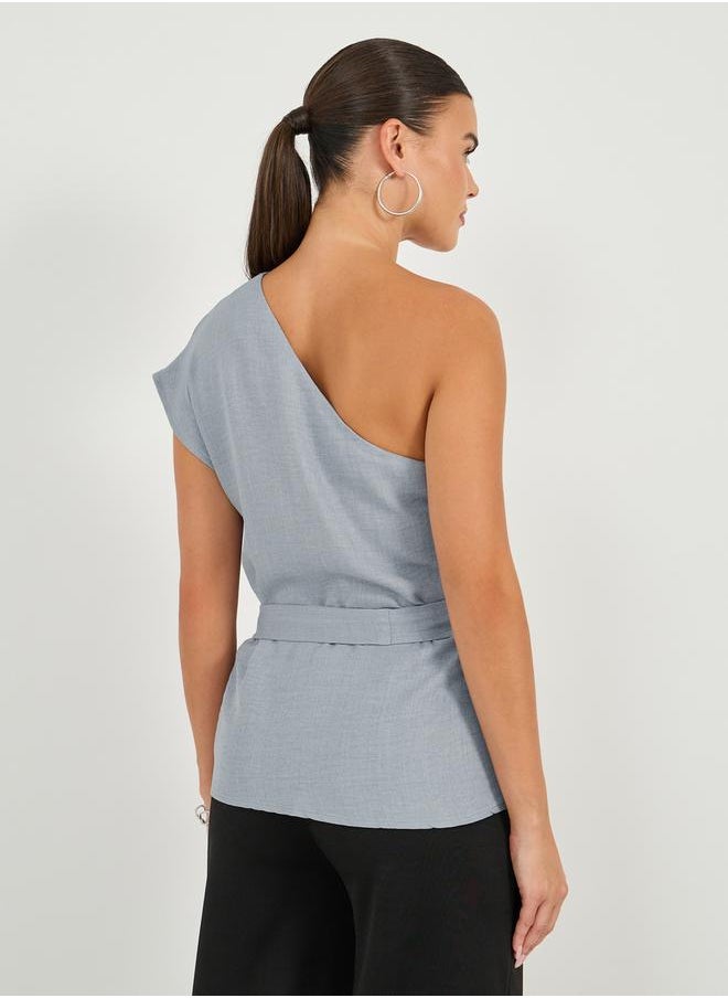 Styli Solid One Shoulder Top with Waist Belt Detail  - Image 5