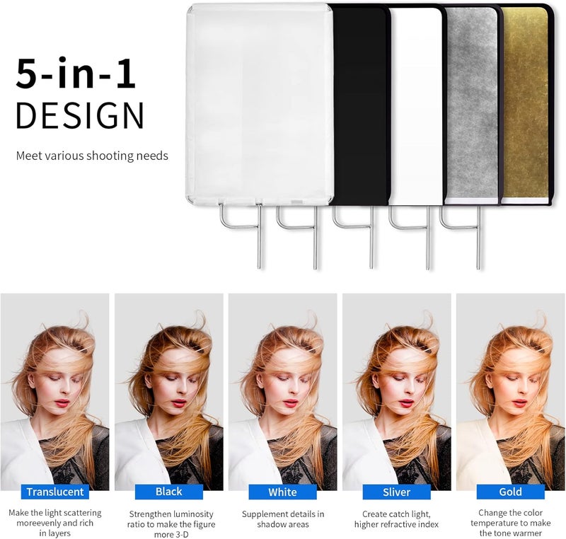 Selens 18" x24in Light Reflector Flag with Frame, 5-in-1 Cover Cloth and Diffuser Gold & Silver, Black & White for Studio Photography Lighting - Image 4