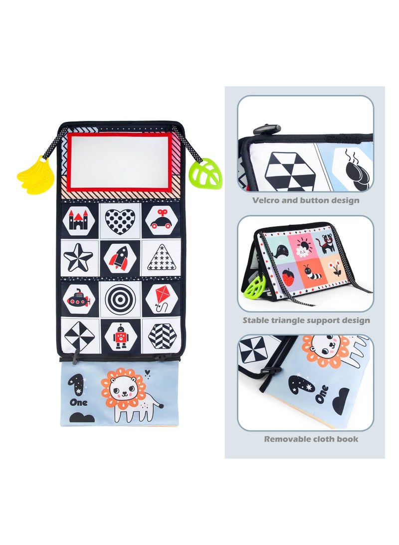 SYOSI كتب قماشية ألعاب tummy time مع مرآة، ألوان متباينة عالية باللونين الأسود والأبيض مجموعة ألعاب تعليمية مبكرة للمواليد والرضع، لعبة تطويرية للأطفال 3 في 1، هدية للأطفال قابلة للطي ومحمولة - Image 3
