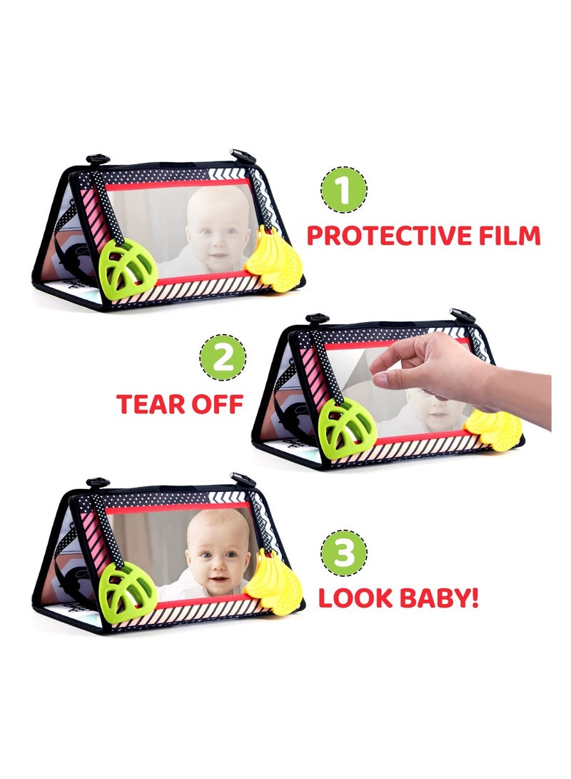 SYOSI كتب قماشية ألعاب tummy time مع مرآة، ألوان متباينة عالية باللونين الأسود والأبيض مجموعة ألعاب تعليمية مبكرة للمواليد والرضع، لعبة تطويرية للأطفال 3 في 1، هدية للأطفال قابلة للطي ومحمولة - Image 4