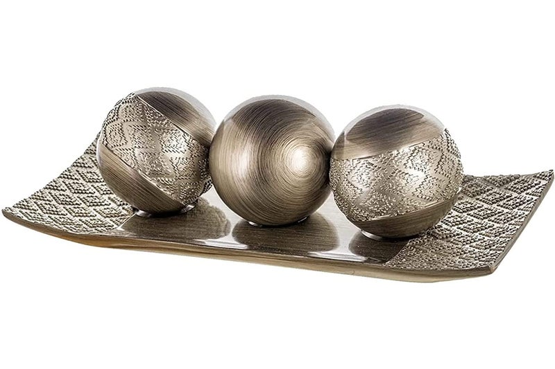 Creative Scents Dublin Silver Decorative Tray and Orbs Balls Set  Centerpiece Bowl with Balls for Dining room Table Rustic Coffee Table Decor for Living Room Decor Gift Boxed