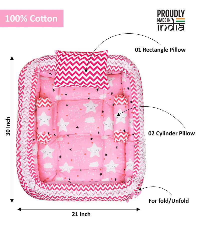 LOREM Pink 3 Pillows & Square Shape Cotton Baby Bed for 0-1 Year BB06 - Image 5