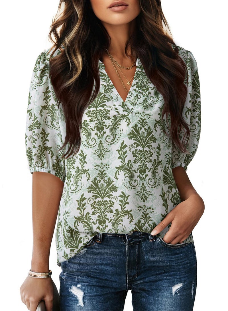 Dokotoo Boho Tops for Women Short Sleeve Shirts for Women Blouses Dressy Casual V Neck Summer Tops Business Casual Outfits Printed Elegantt Green Tops XL - Image 1