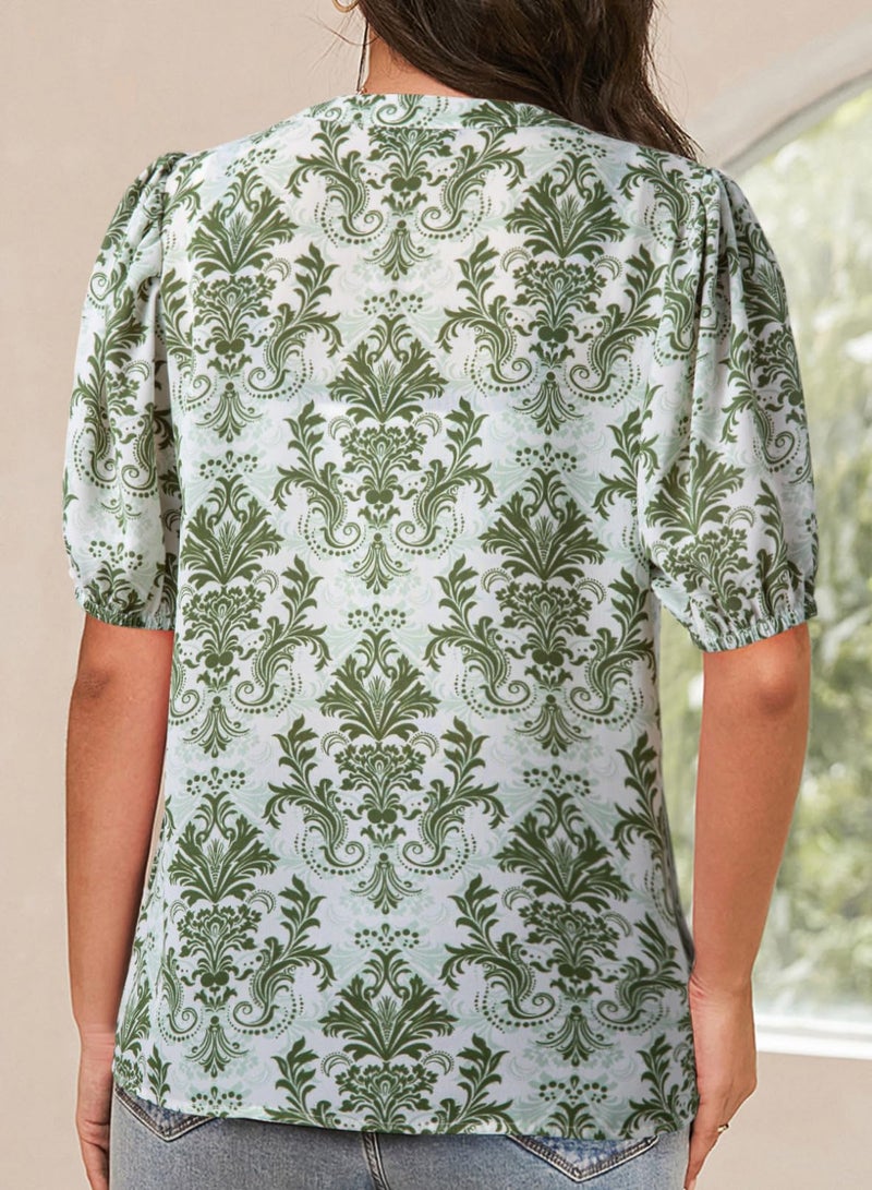 Dokotoo Boho Tops for Women Short Sleeve Shirts for Women Blouses Dressy Casual V Neck Summer Tops Business Casual Outfits Printed Elegantt Green Tops XL - Image 2