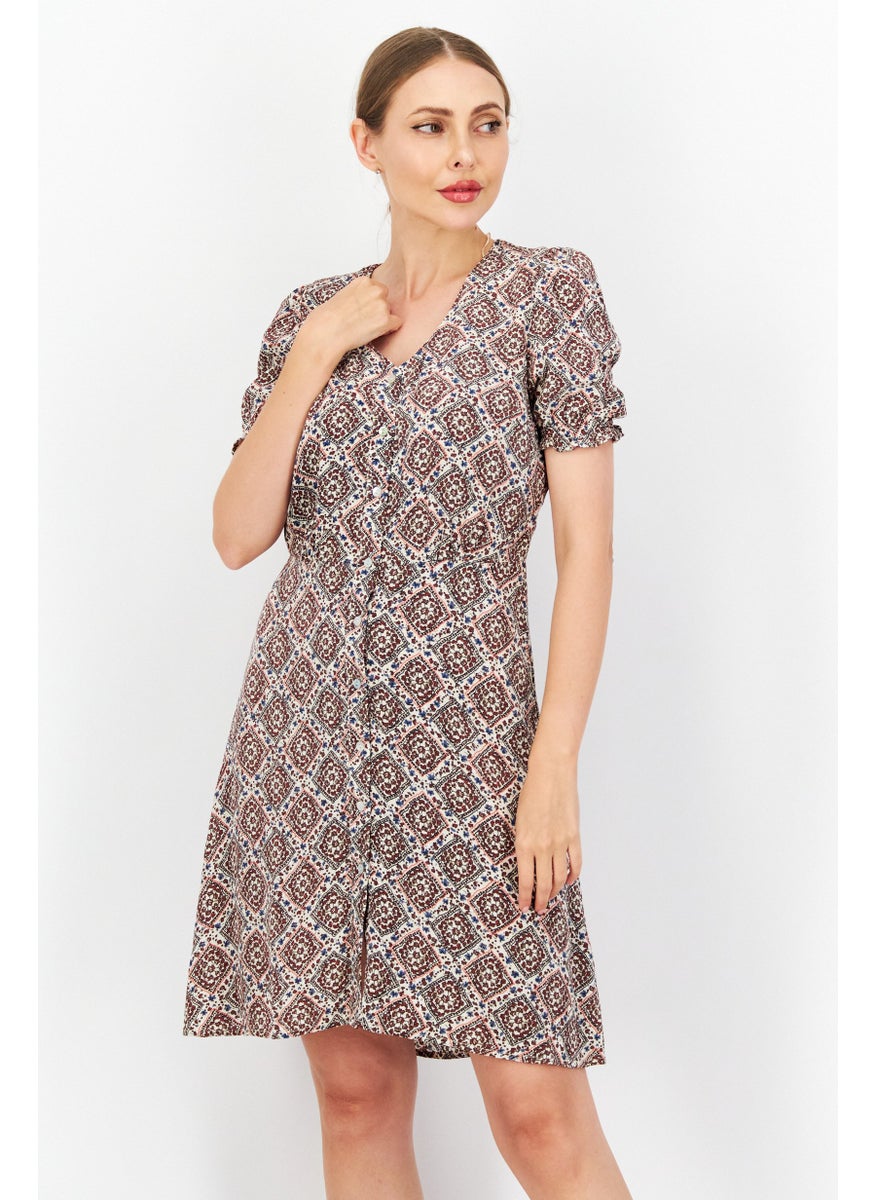 Zero Women Allover Printed Mini Dress, Beige Combo  - Image 1